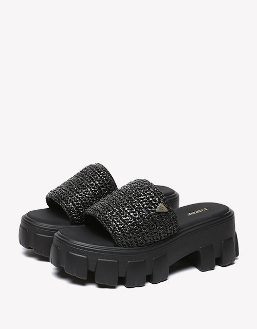 Woven Flatform Sandals in Black