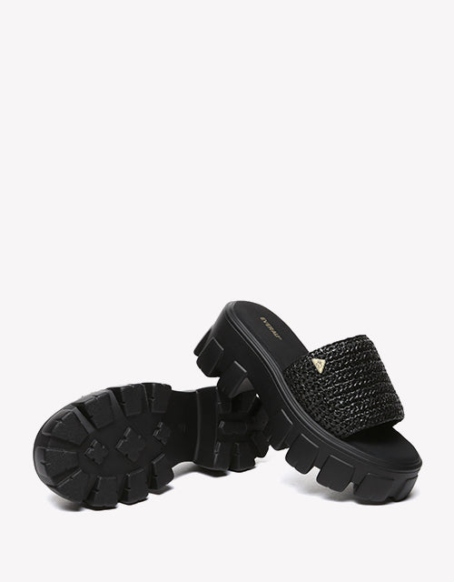 Woven Flatform Sandals in Black