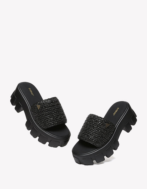 Woven Flatform Sandals in Black